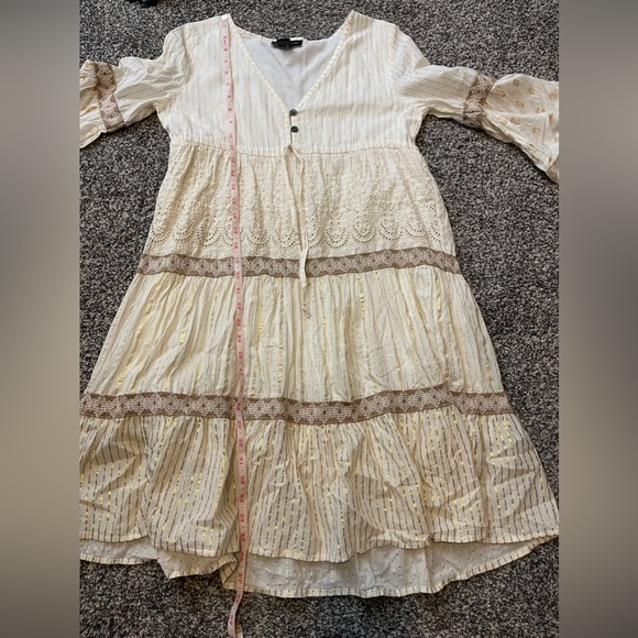 Dress Naoo Cream Boho Gold Stitch Embroidered Cotton Dress Made in India S - Picture 10 of 10